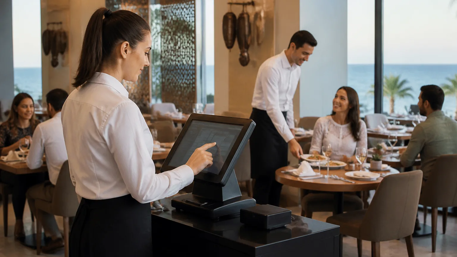 Otel restoranında POS sistemi kullanım sahnesi