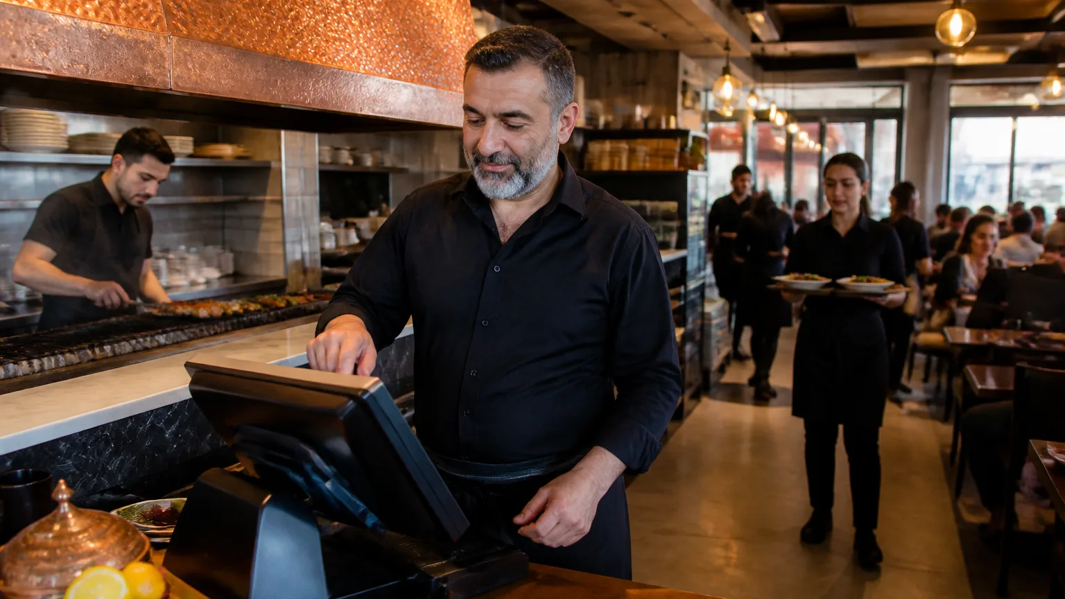 Türk restoran sahibi POS kullanırken, modern restoran ortamında verimli çalışma