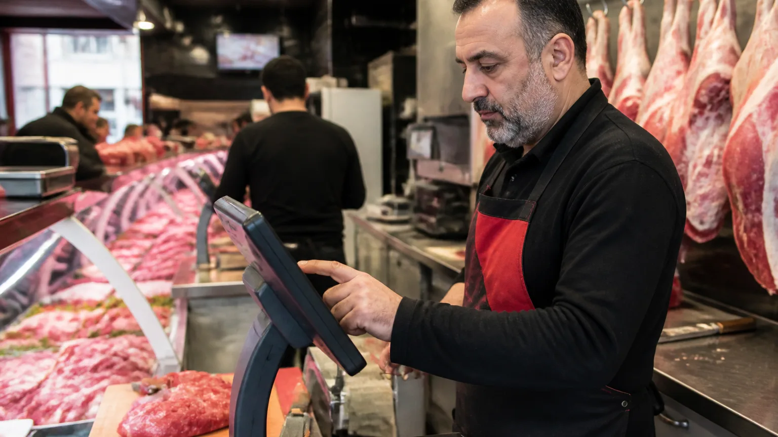 Kasap dükkanında modern POS kullanan işletmeci, yoğun ortam, taze et reyonları