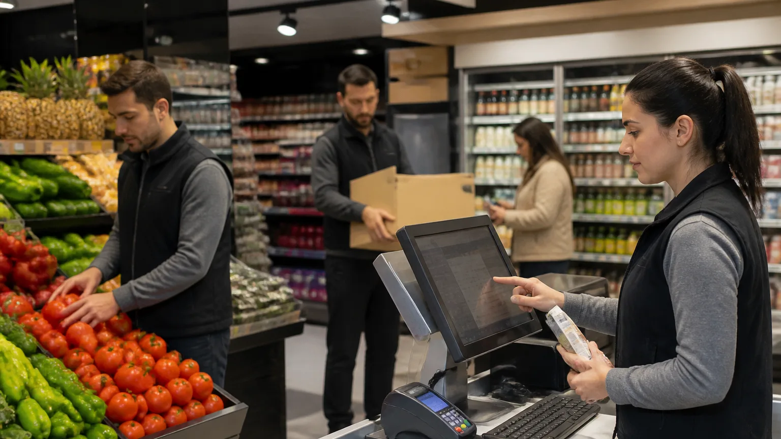 Market stok ve satın alma işlemleri gerçekleştiren çalışanlar