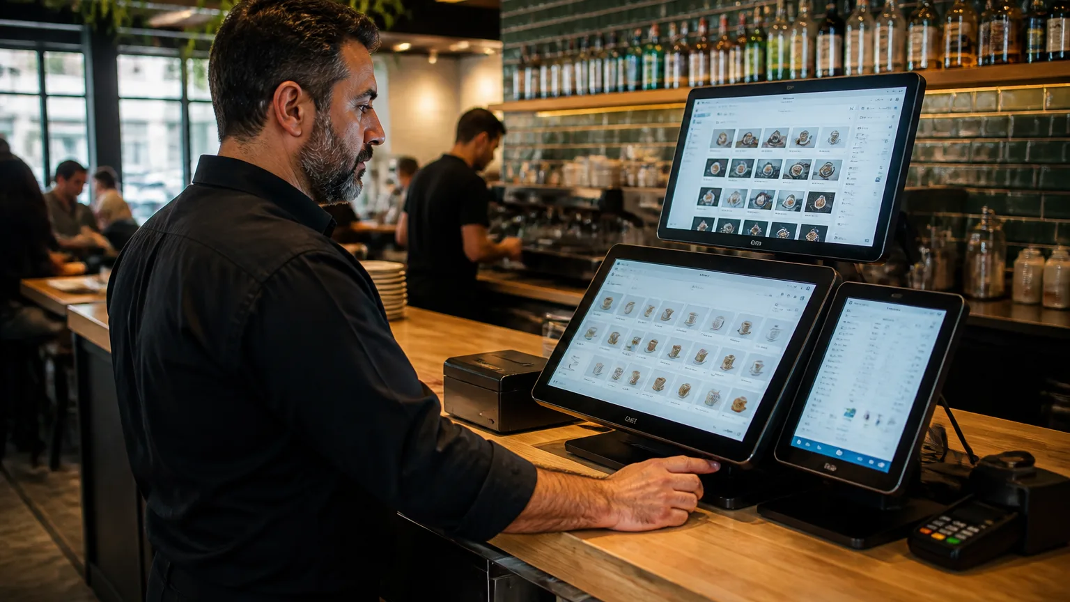 Çok şubeli kafede ürün yönetimi uygulaması, modern ve yoğun cafe ortamı
