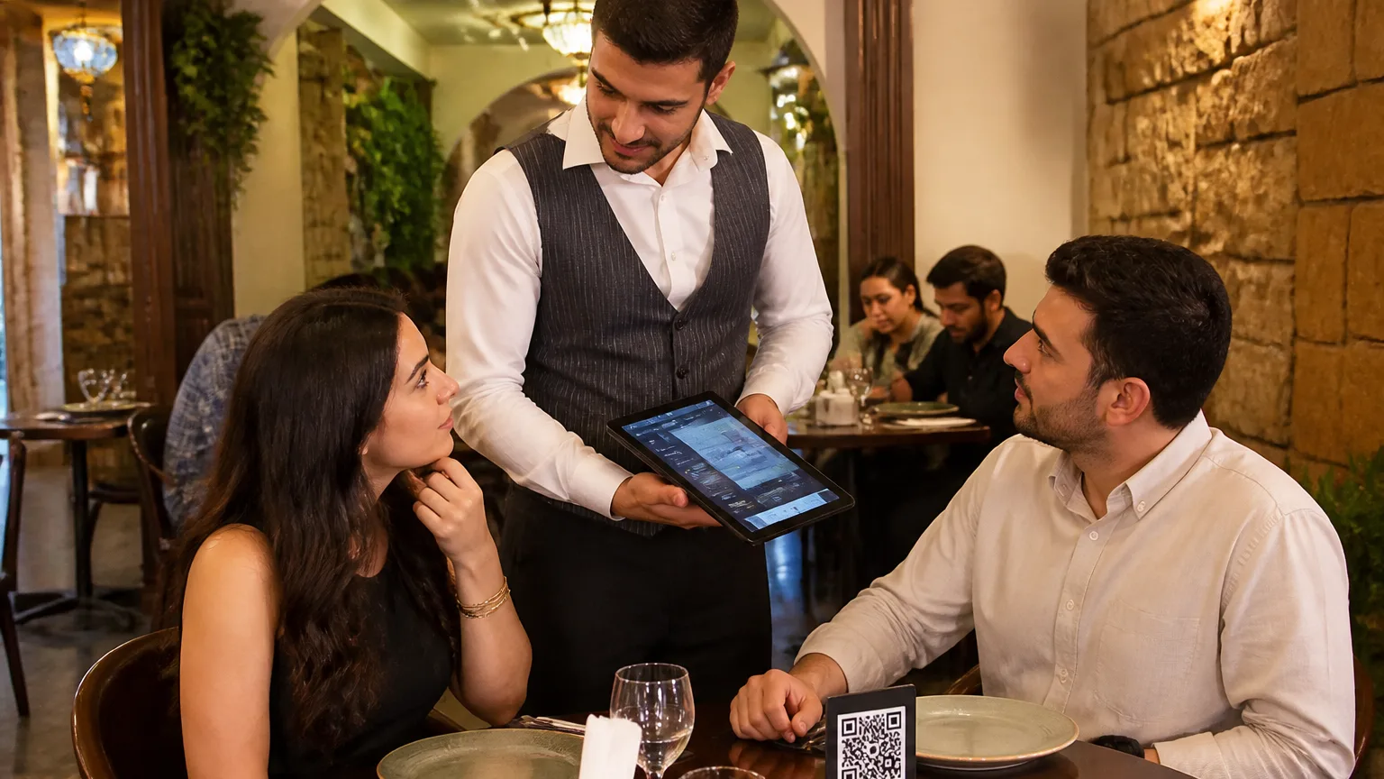 Türk restoranında QR menü kullanımını gösteren sahne