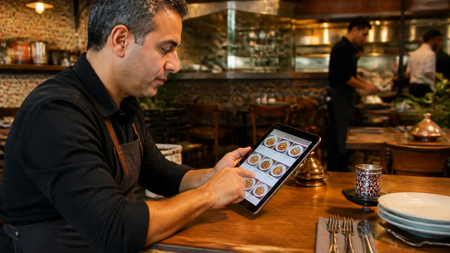 Türk restoranında dijital menü kurulum sürecini gösteren sahne