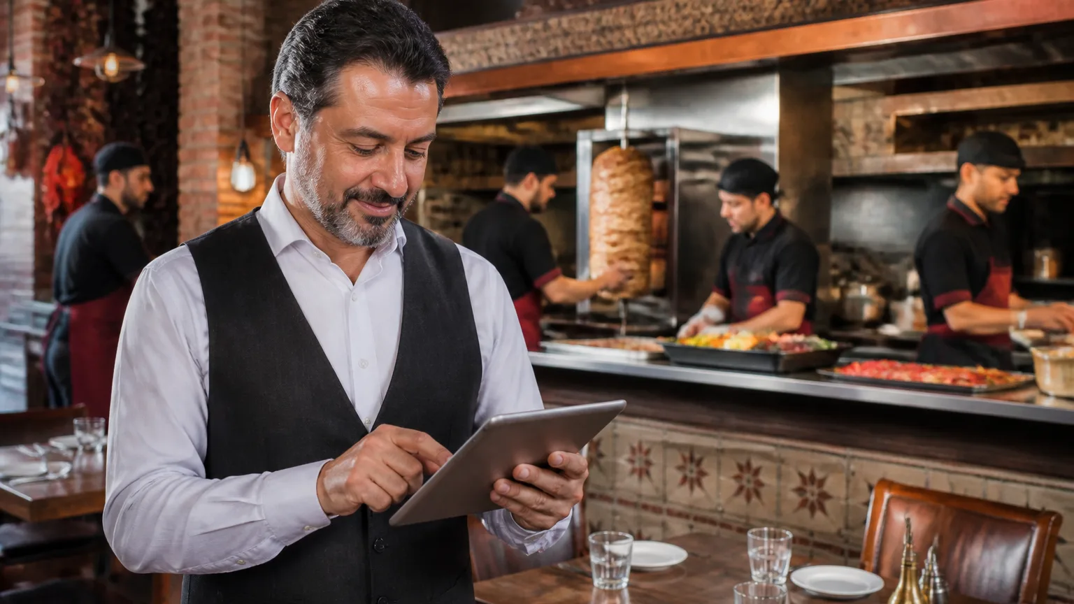 Türk restoran işletmecisinin tablet ile dijital menü güncellemesi yaptığı an