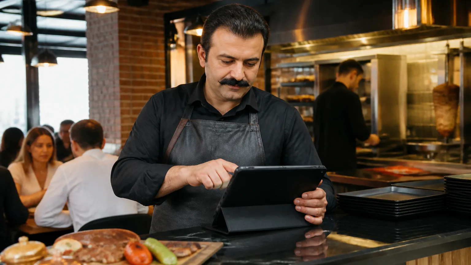 Türk restoranında dijital menü hazırlığı yapan işletme sahibi