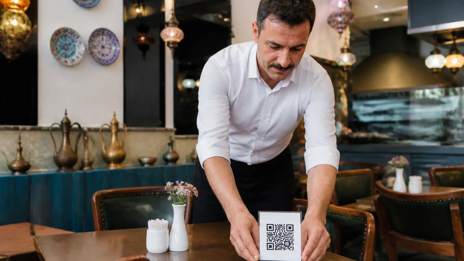 Bir Türk restoranında karekod menü montajı yapan işletme sahibi