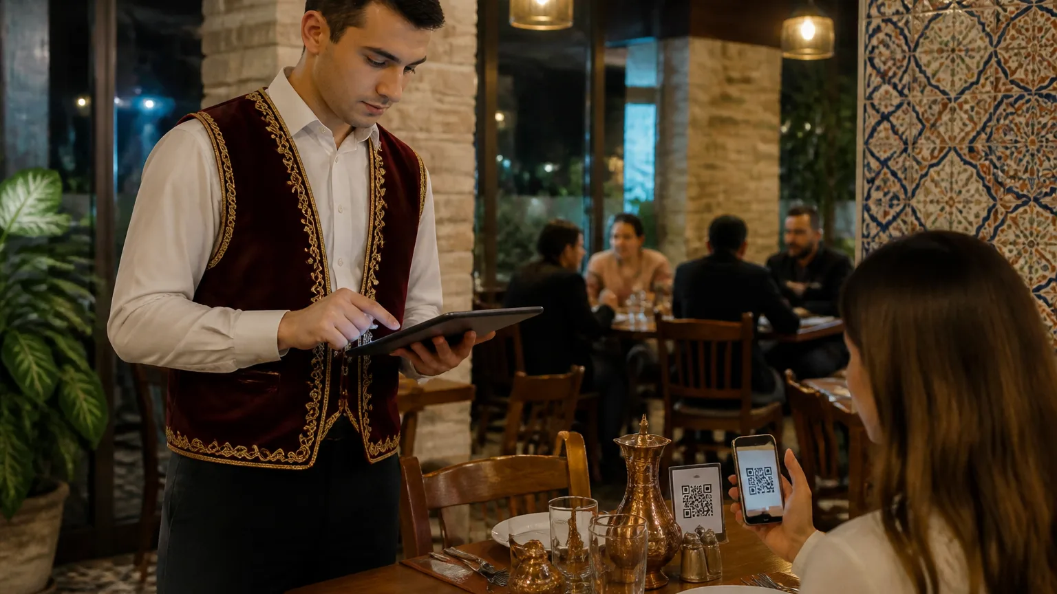Restoran çalışanlarının dijital tablet ve karekod menü kullandığı sahne