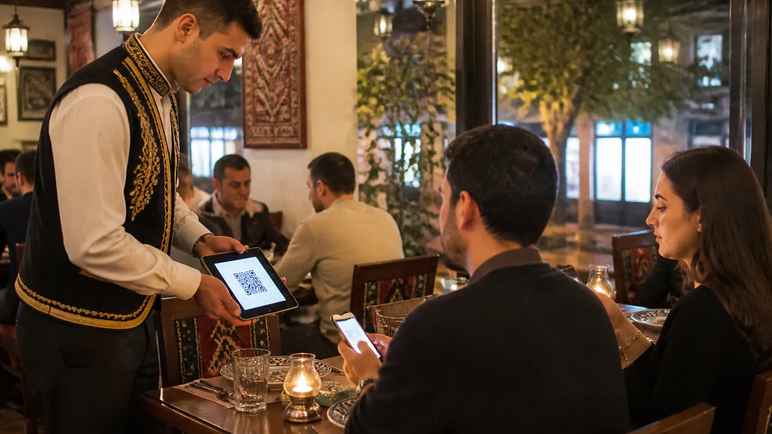 Restoranlarda karekod menü kullanımını gösteren canlı bir sahne