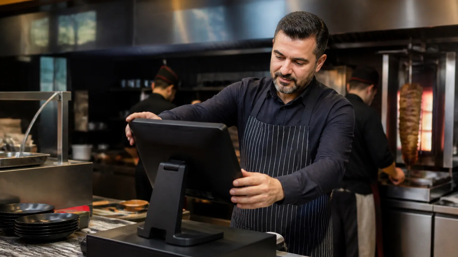 Restoran sahnesinde POS kurulumu yapan Türk işletmecisi