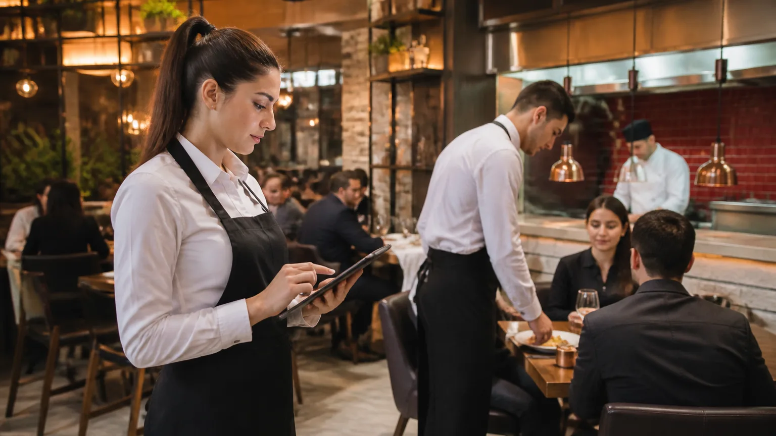 Türk restoranında işletme sahipleri ve garsonların adisyon sistemi kullandığı sahne