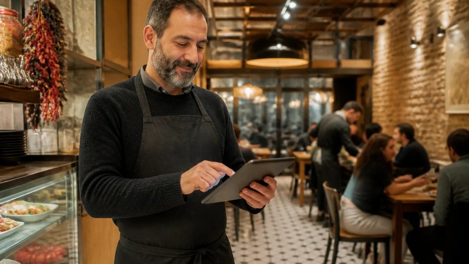 Türk restoran işletmecisi dijital POS ekranını inceliyor