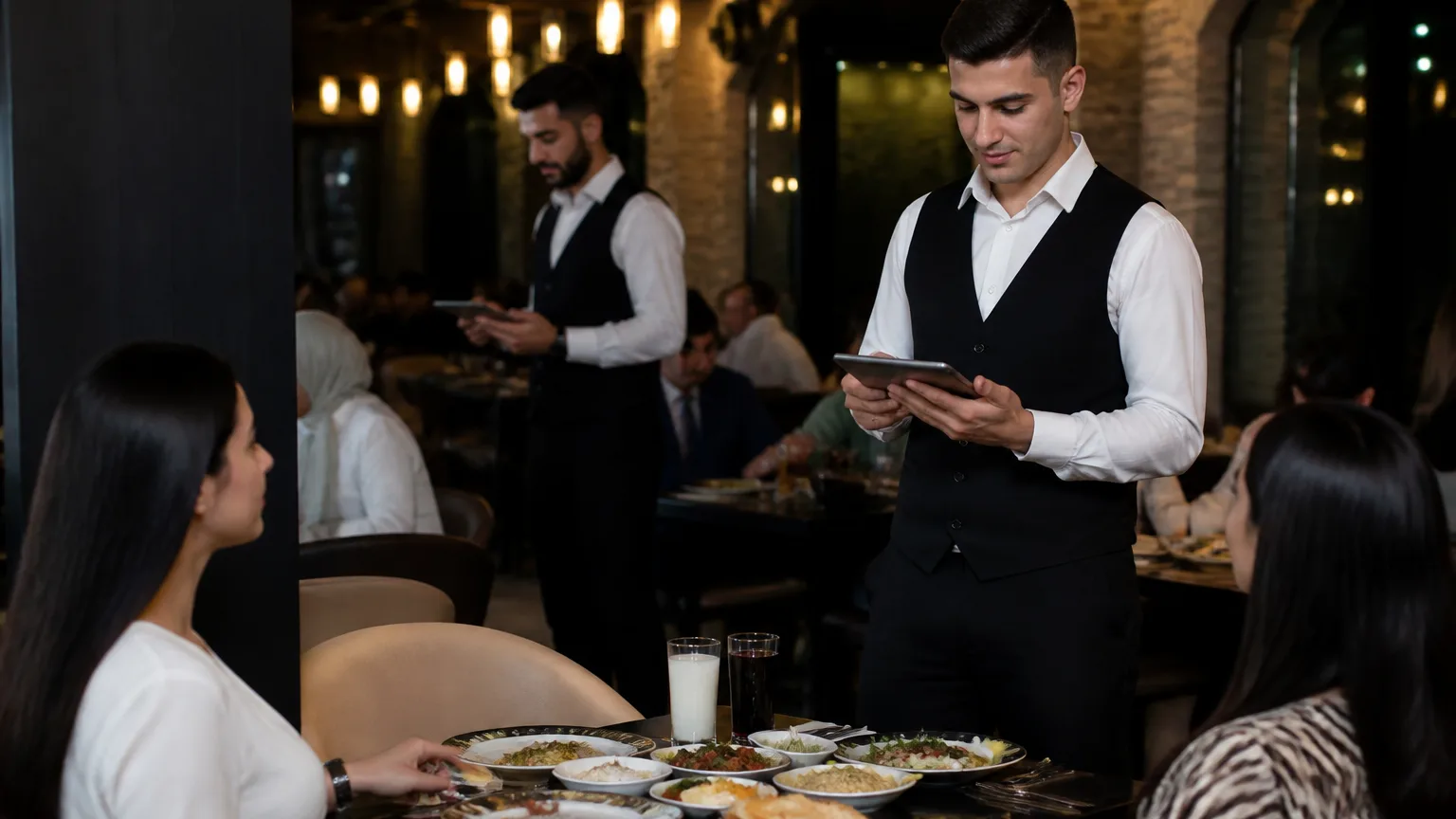 Türk restoranında masa servisi yapan personel ve dijital adisyon cihazları
