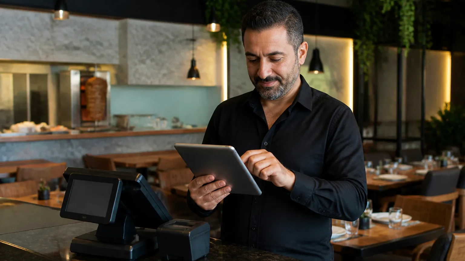Türk restoranında çalışan işletme sahibi ve POS sistemi