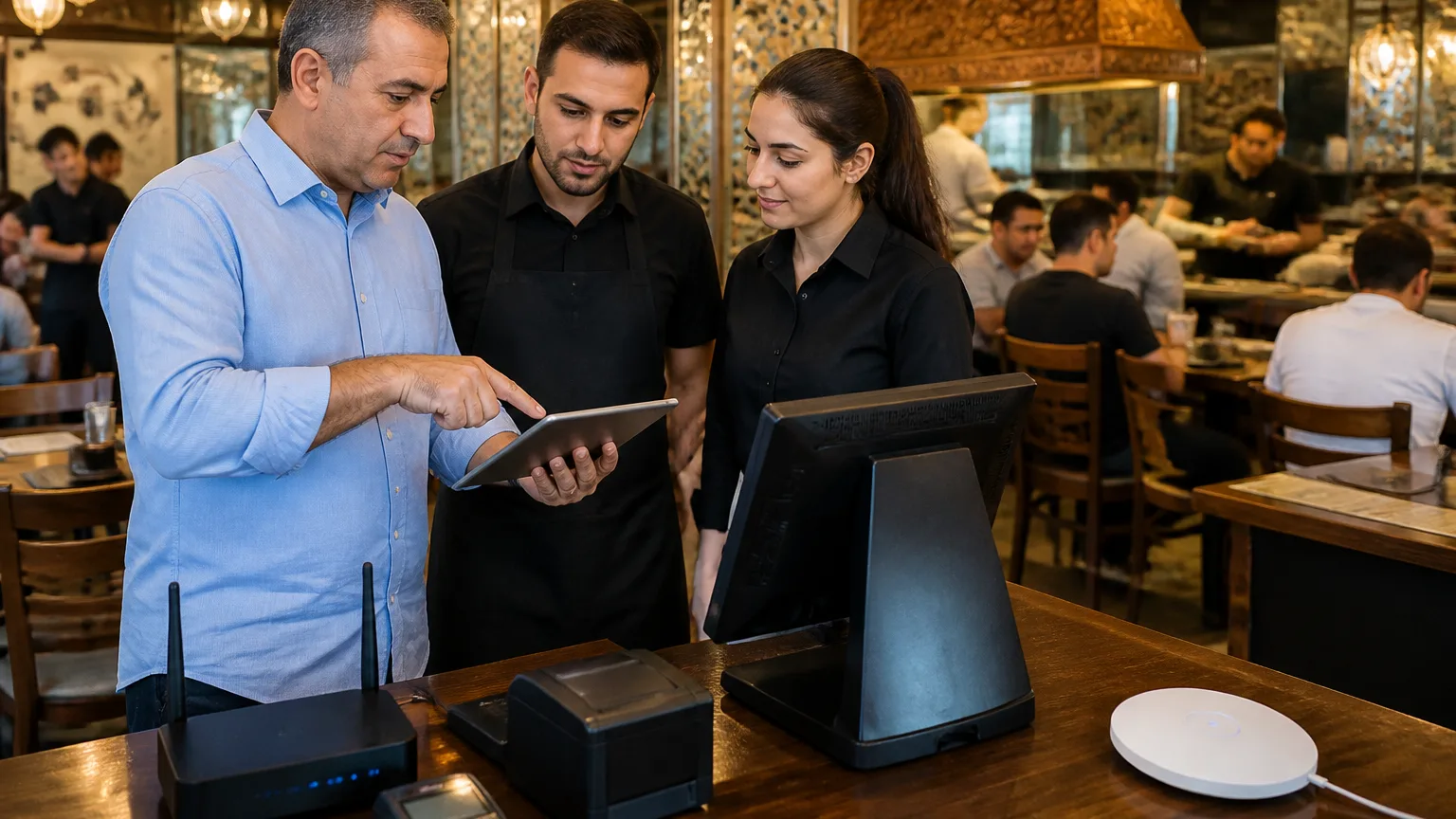 Türk restoran işletmecisi ve ekibi bulut tabanlı POS kurulumunu yaparken