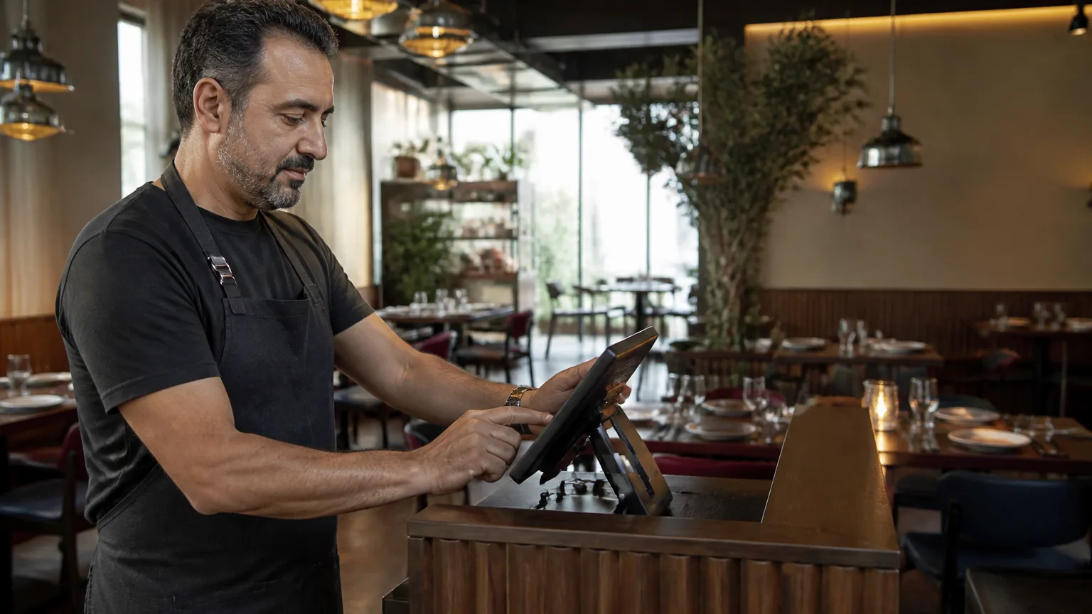 Türk işletmecinin modern restoranında masa yönetim sistemi kurulumunu gösteren sahne