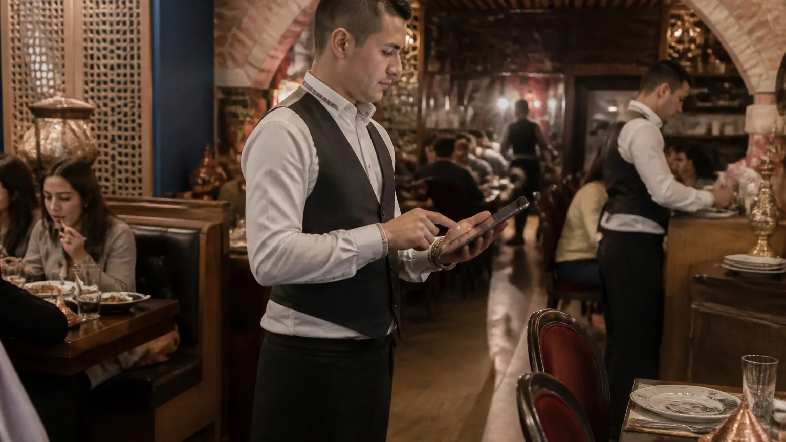 Restoran masa yönetim sistemi kullanımını gösteren Türk işletme sahnesi