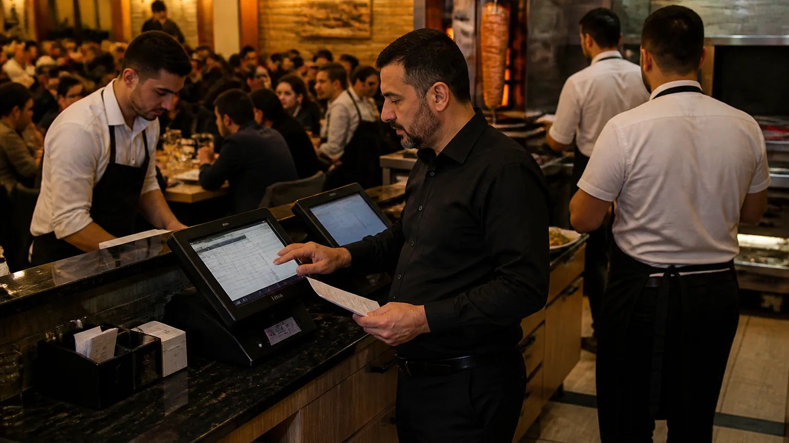 Restoran işletmecisinin vardiya ve kasa yönetimi yaptığı bir sahne