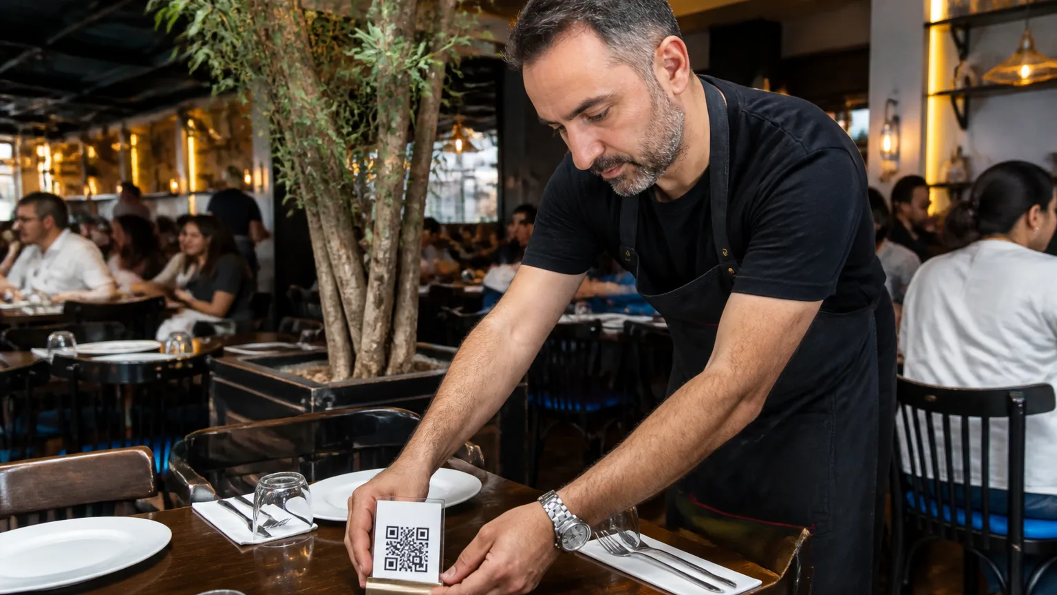 Restoran ve kafe işletmecisinin masalara QR kod yerleştirmesi