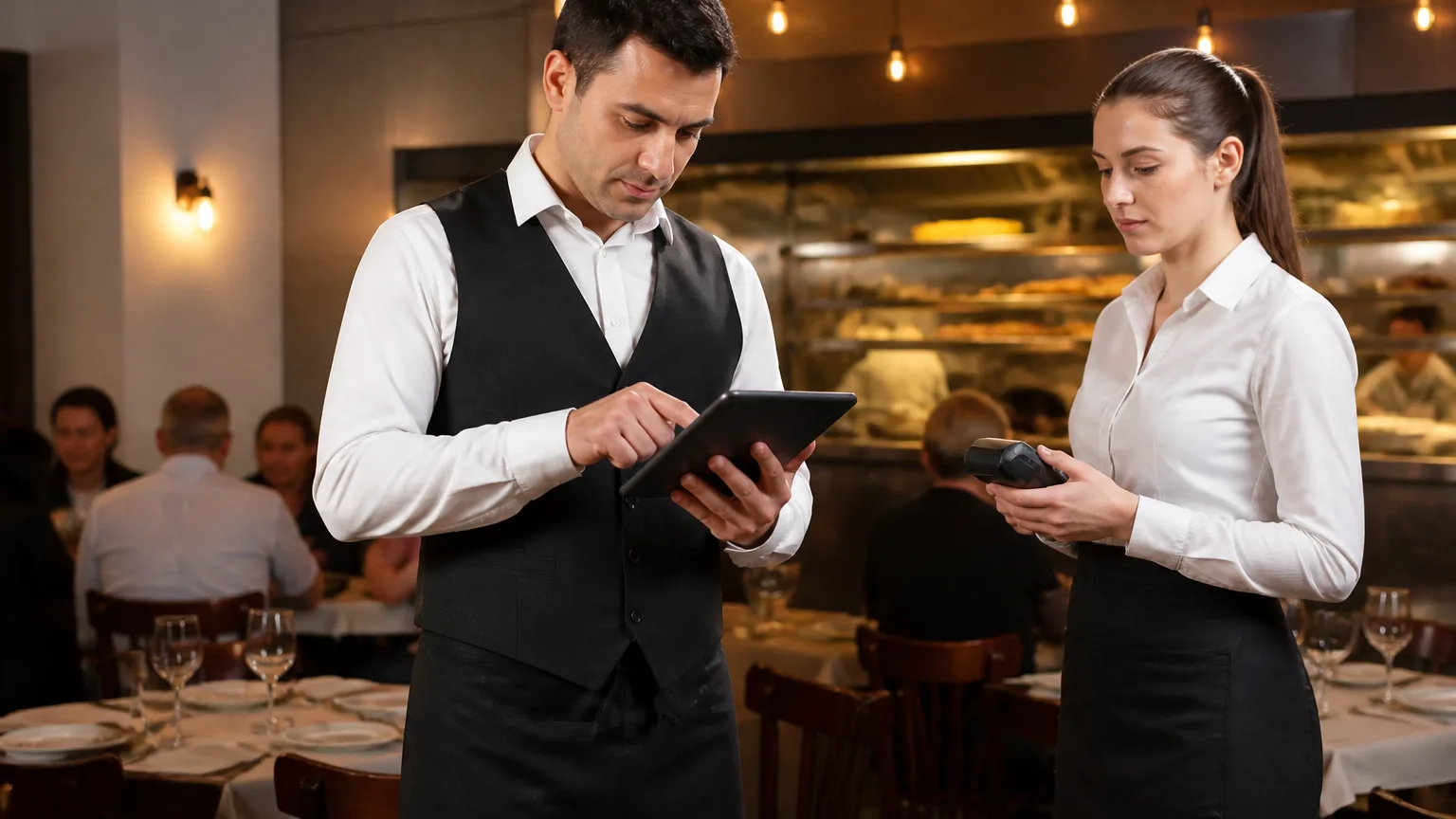 Türk restoranında garsonların masa üzerinde tablet ve el terminali kullanımı