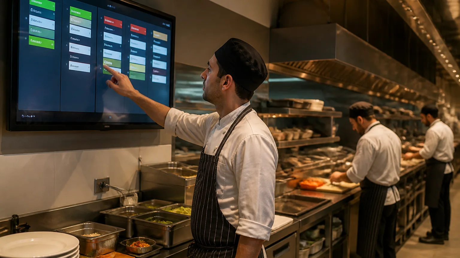 Türk restoran mutfağında KDS ekranı ve mutfak çalışanları