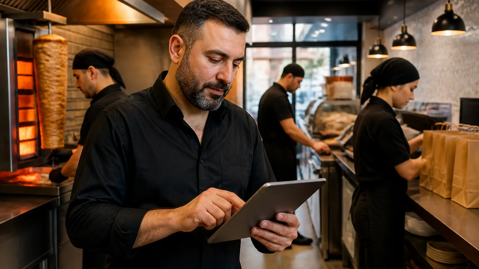 Restoran işletmecisinin tablet kullanarak online sipariş yönetimi