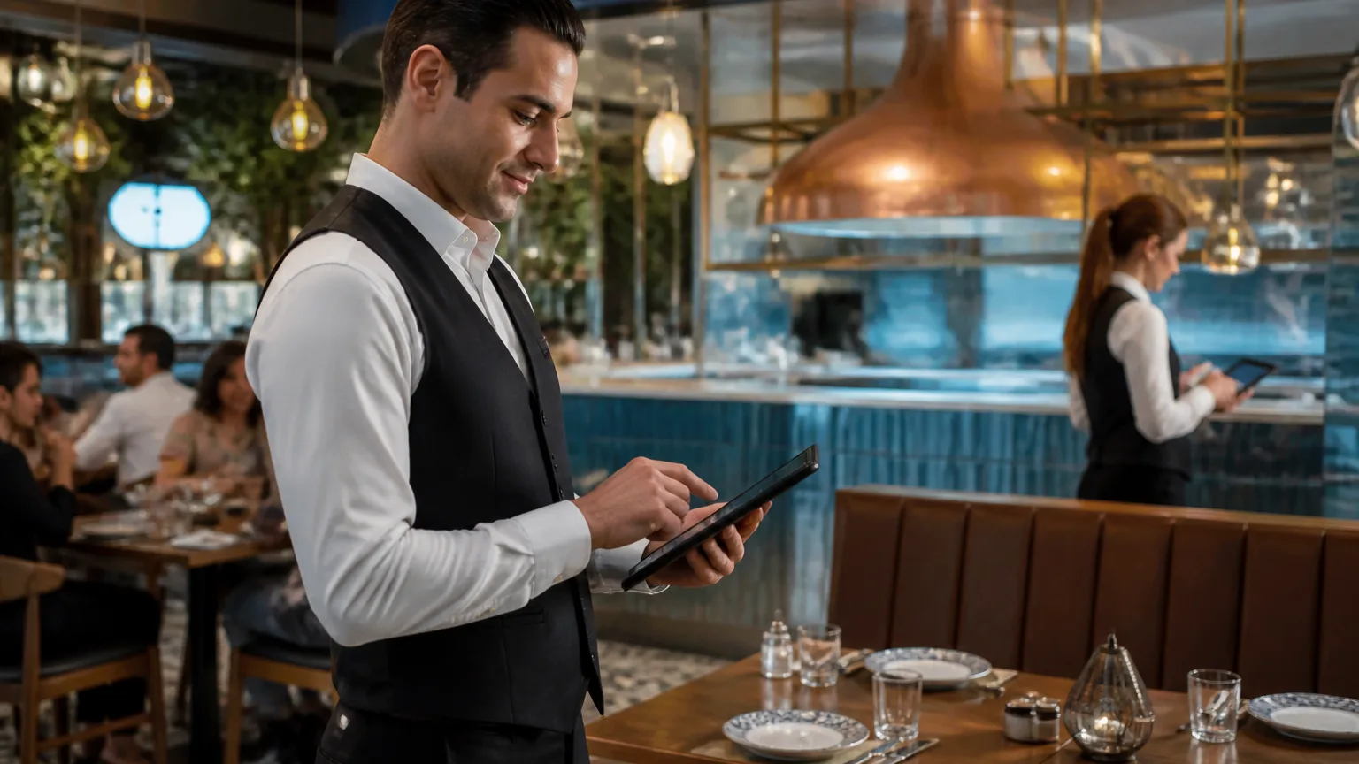 Türk restoranı çalışanlarının tablet ile online sipariş sistemi kullandığı modern iç mekan görüntüsü
