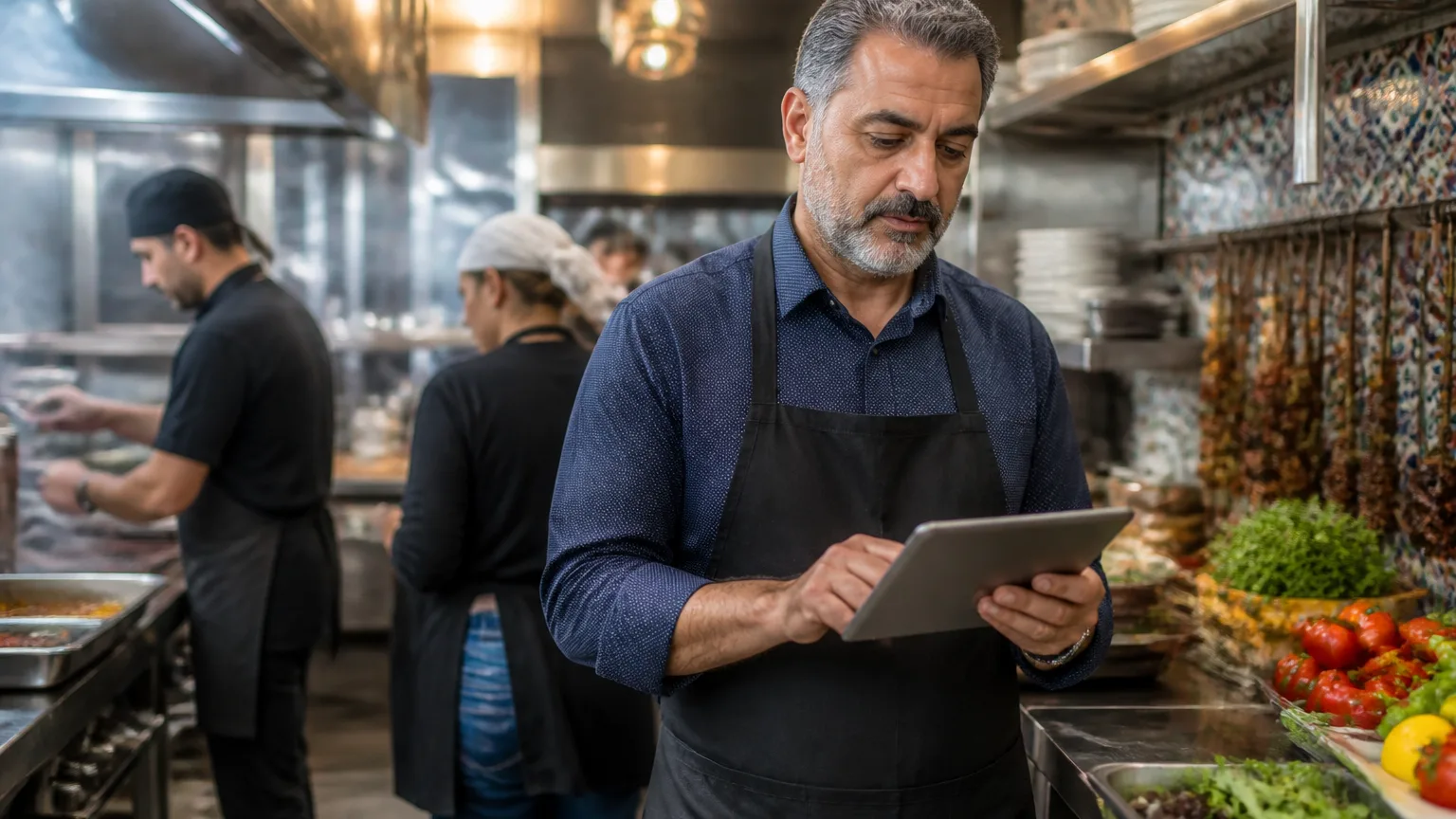 Dünya mutfağıyla donatılmış modern restoran mutfağında stok kontrolü yapan Türk restoran sahibi