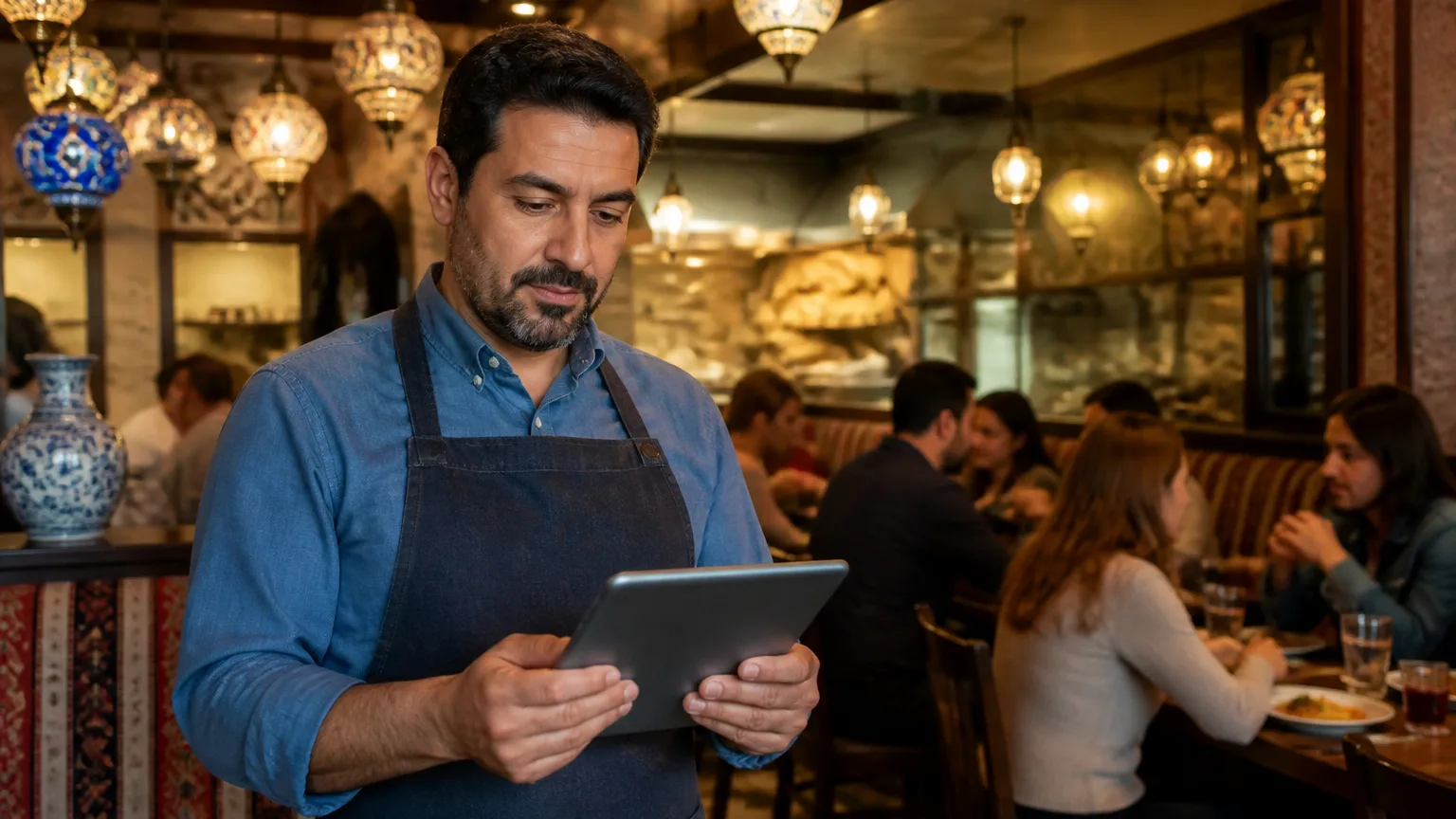 Restoran satış raporu inceleyen işletme sahibi