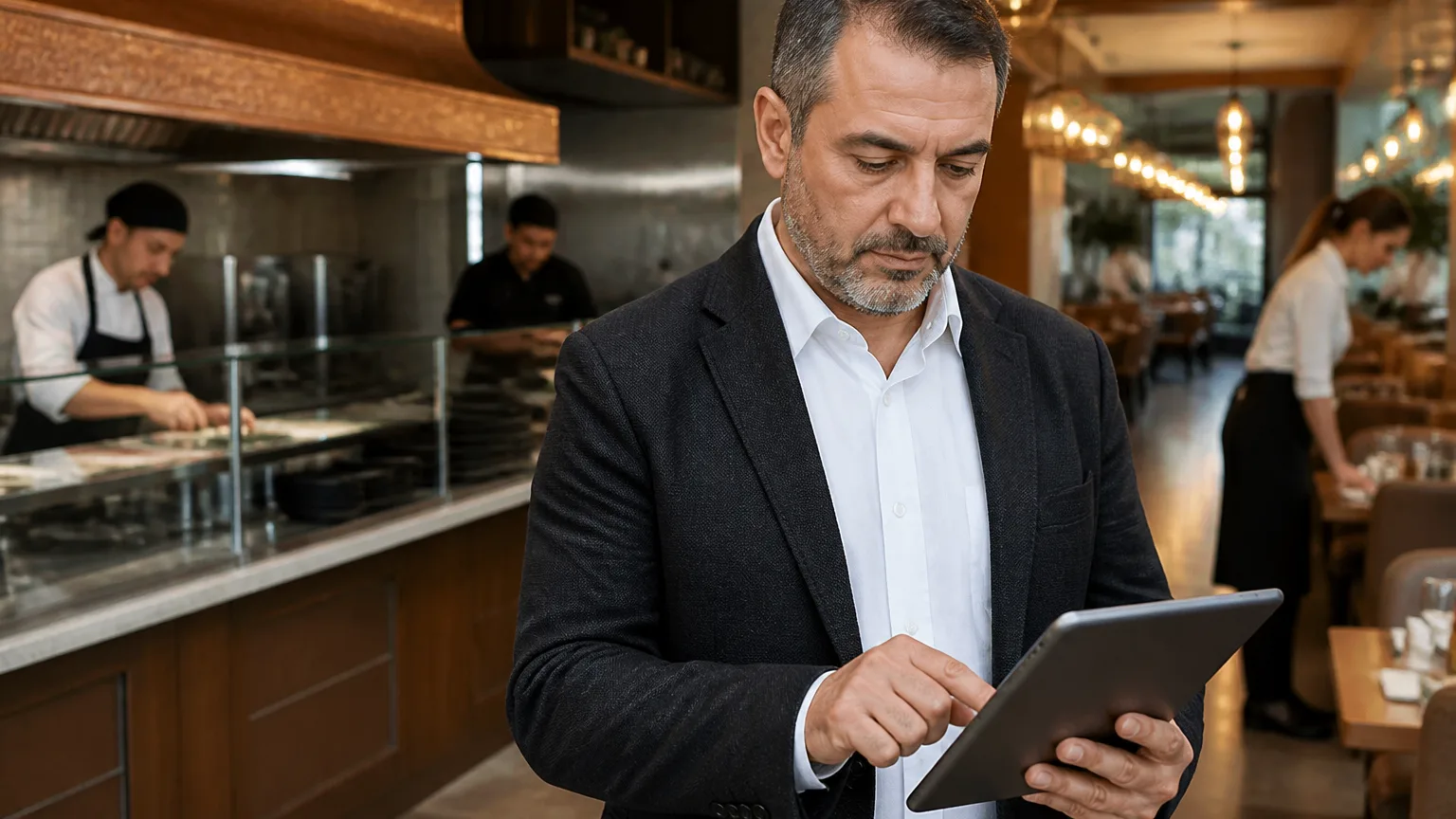 Türk restoran işletmecisinin satış raporlarına baktığı modern restoran iç mekanı